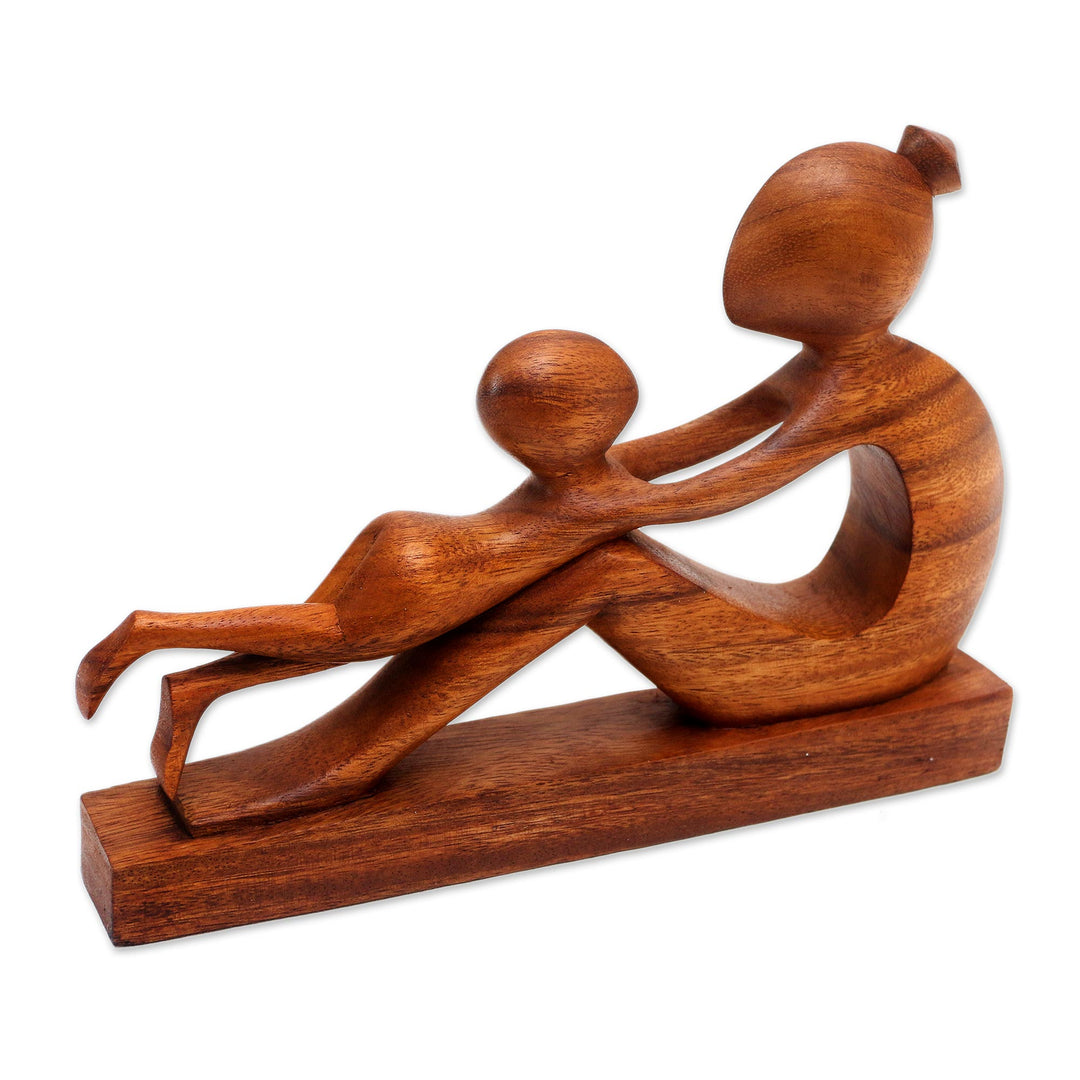 Hand-Carved Suar Wood Mother and Child Sculpture from Bali - Playful Mother