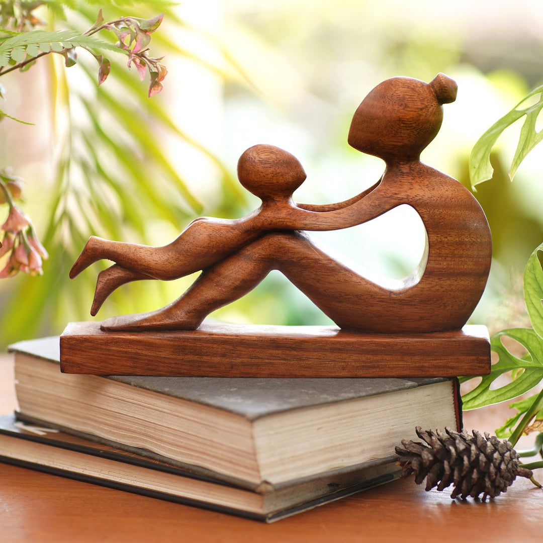 Hand-Carved Suar Wood Mother and Child Sculpture from Bali - Playful Mother