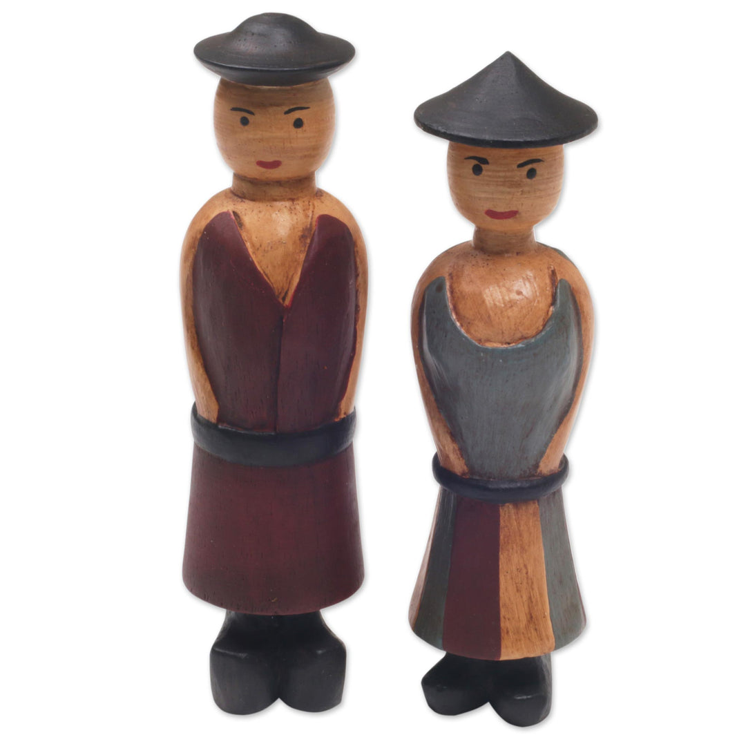 Hand Carved Wood Figurines of a Farmer Couple from Bali - Happy Farmers