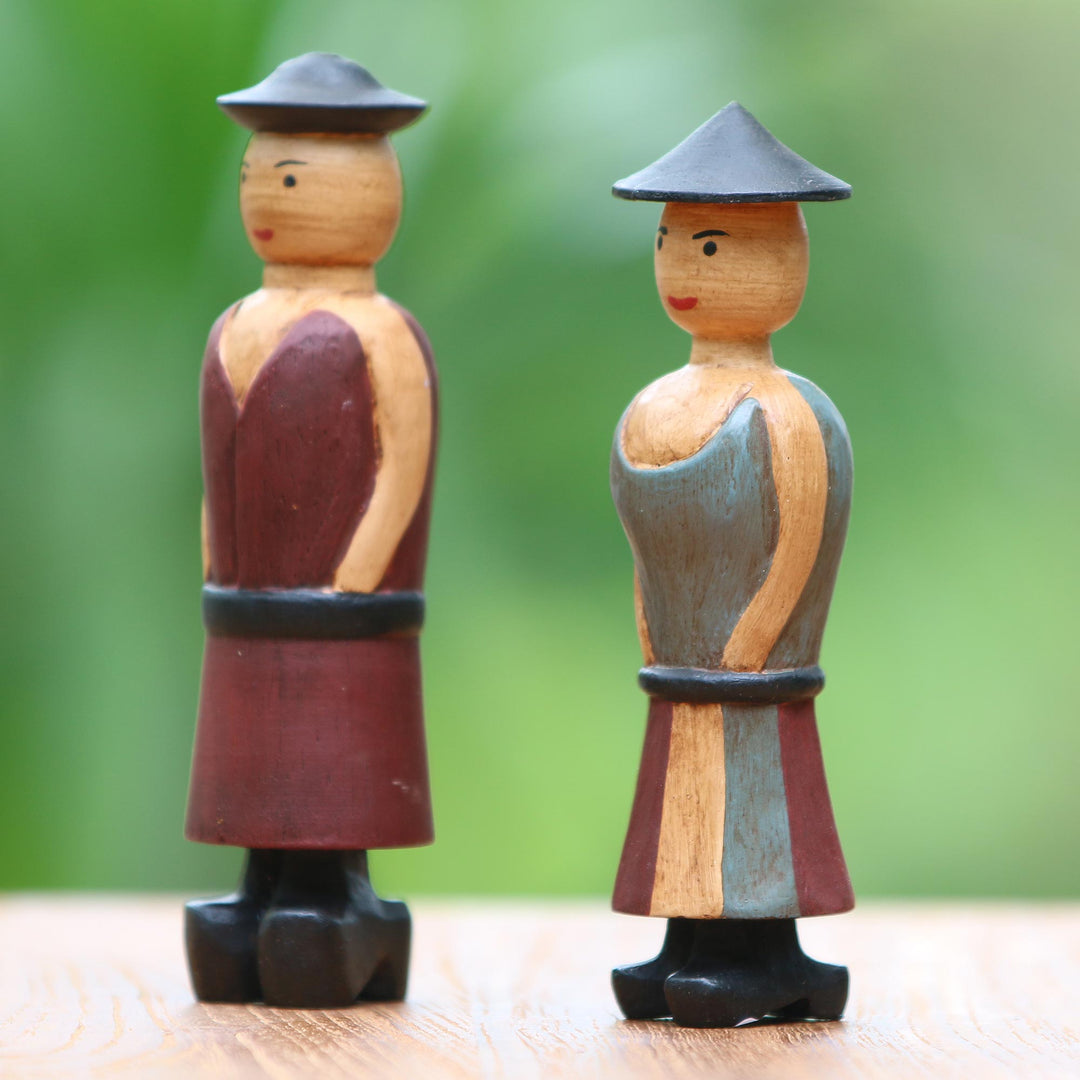 Hand Carved Wood Figurines of a Farmer Couple from Bali - Happy Farmers