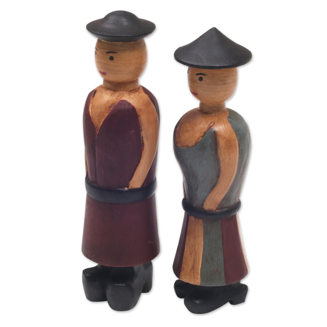 Hand Carved Wood Figurines of a Farmer Couple from Bali - Happy Farmers