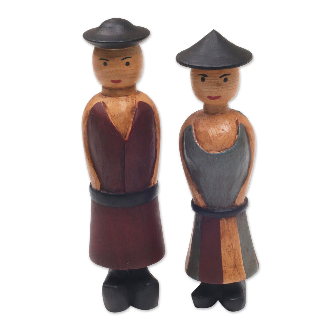Hand Carved Wood Figurines of a Farmer Couple from Bali - Happy Farmers
