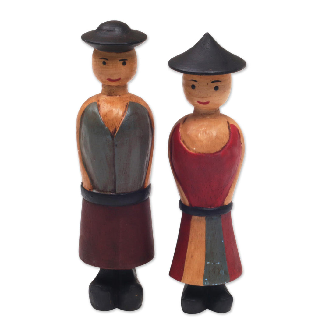 Two Hand-Carved Wood Figurines of a Farmer Couple from Bali - Jolly Farmers