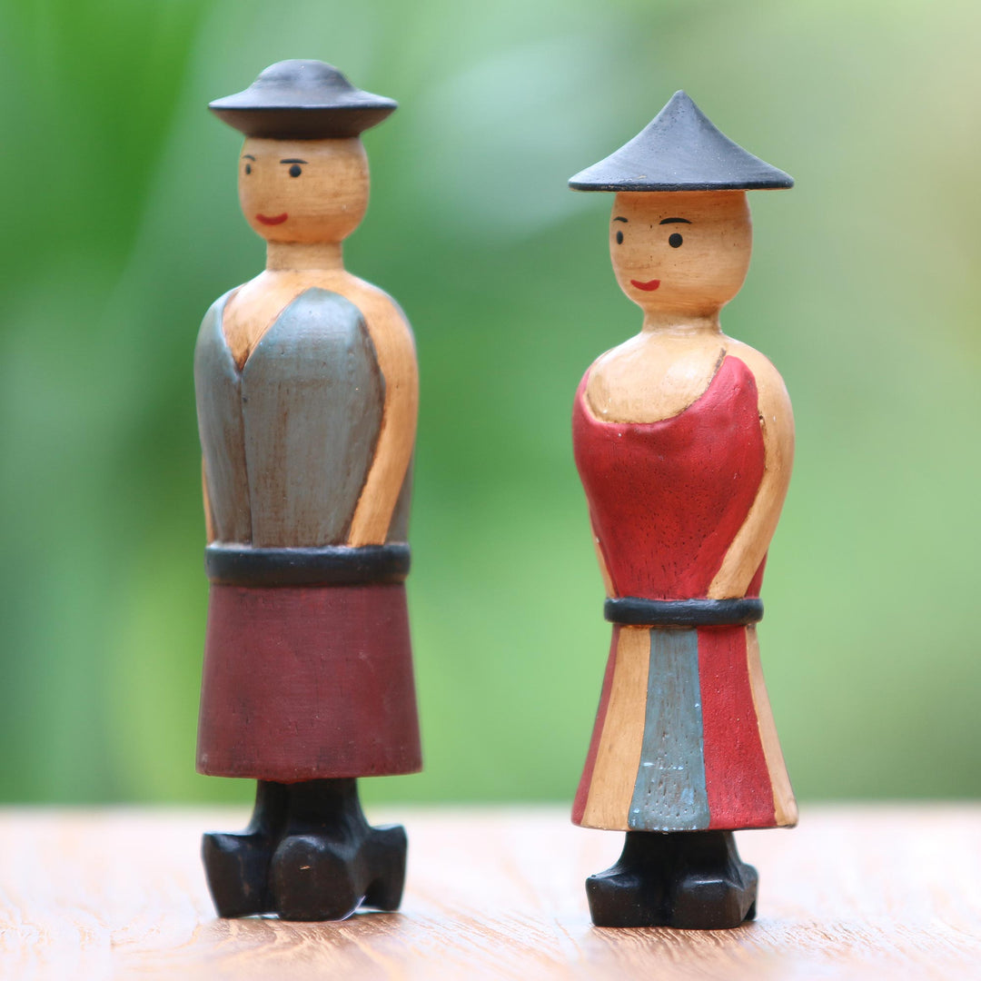 Two Hand-Carved Wood Figurines of a Farmer Couple from Bali - Jolly Farmers