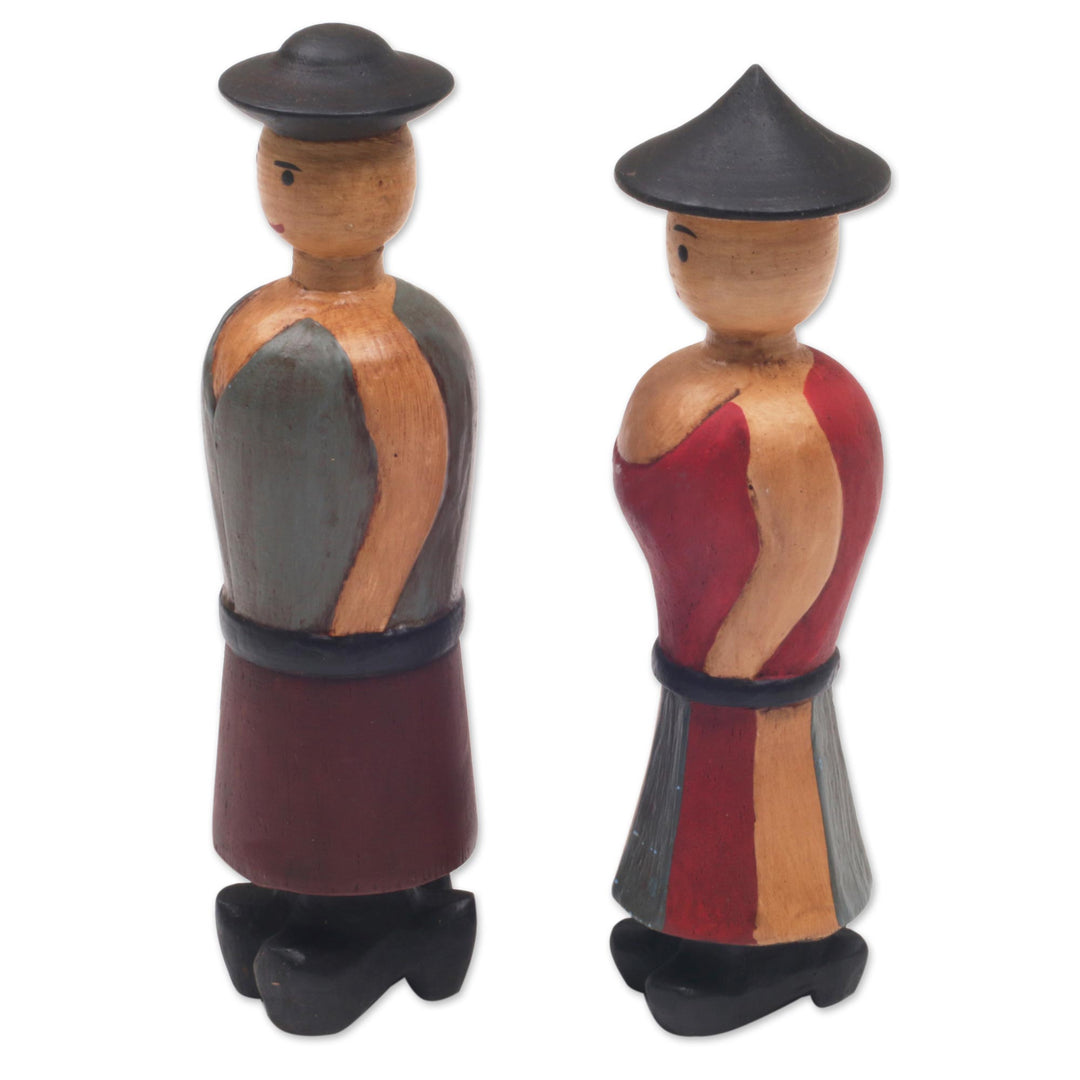 Two Hand-Carved Wood Figurines of a Farmer Couple from Bali - Jolly Farmers
