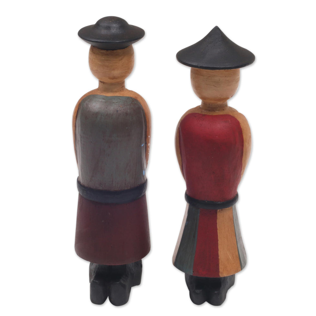 Two Hand-Carved Wood Figurines of a Farmer Couple from Bali - Jolly Farmers