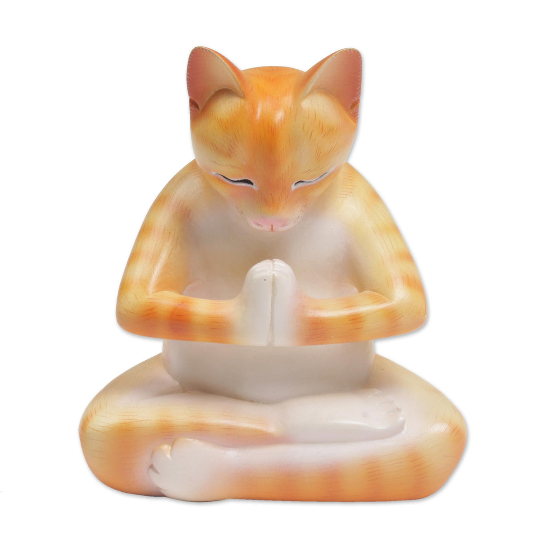 Wood Meditating Cat Statuette in Orange and White from Bali - Meditating Kitty in Orange