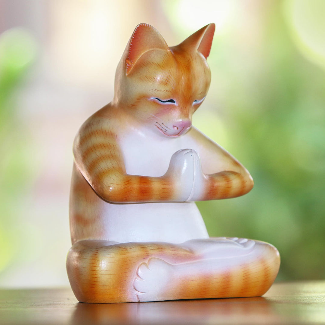Wood Meditating Cat Statuette in Orange and White from Bali - Meditating Kitty in Orange