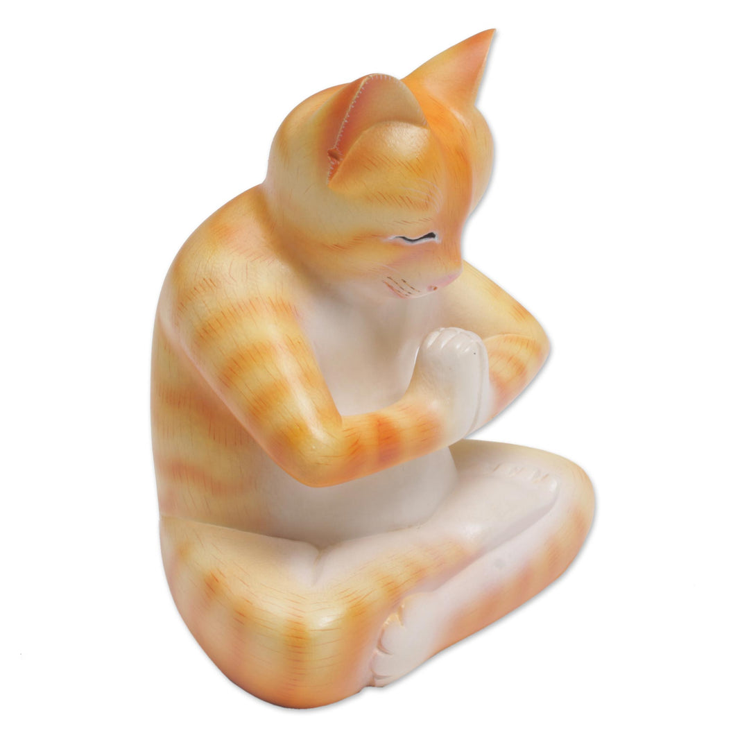 Wood Meditating Cat Statuette in Orange and White from Bali - Meditating Kitty in Orange