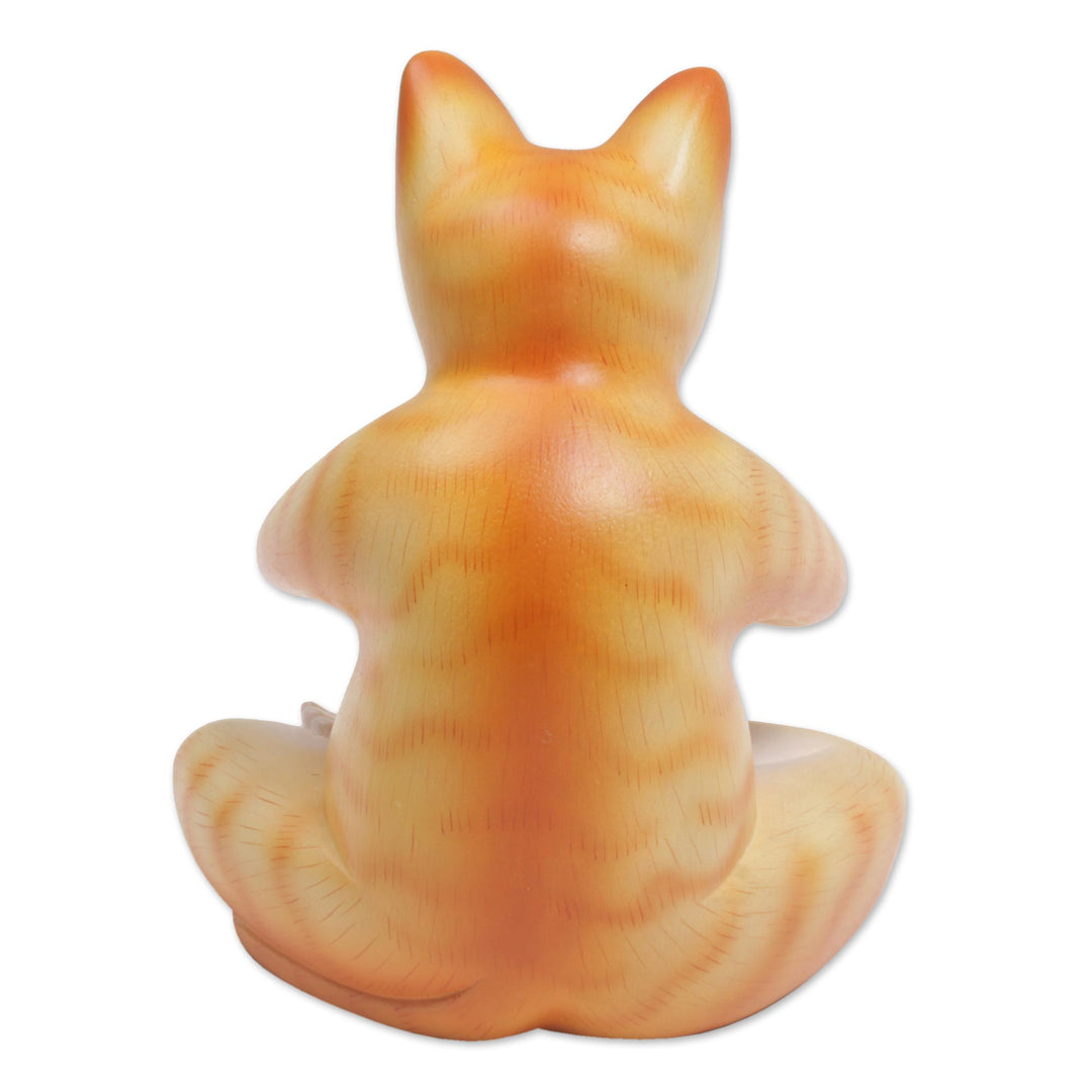 Wood Meditating Cat Statuette in Orange and White from Bali - Meditating Kitty in Orange