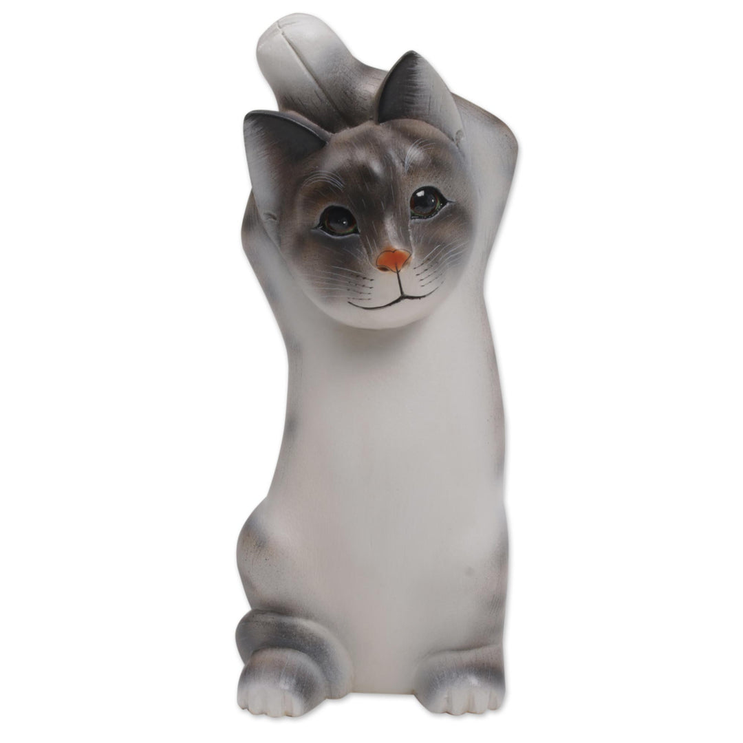 Whimsical Wood Cat Sculpture in Grey and White from Bali - Skyward Paws
