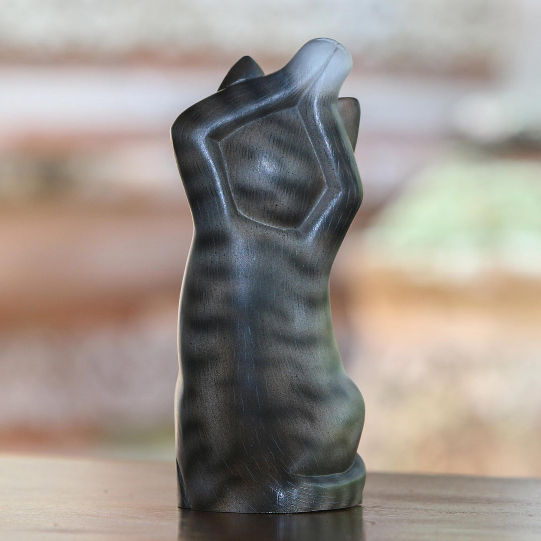 Whimsical Wood Cat Sculpture in Grey and White from Bali - Skyward Paws