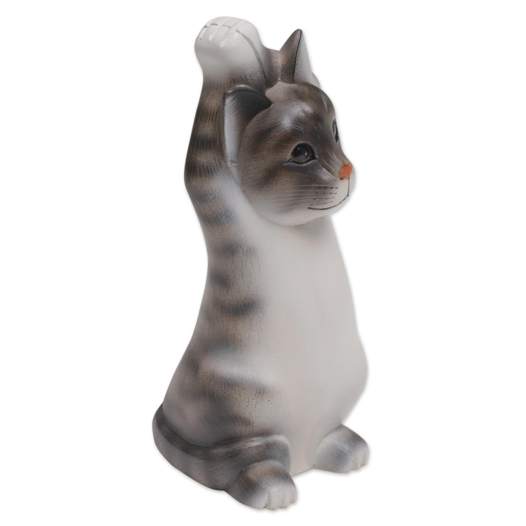 Whimsical Wood Cat Sculpture in Grey and White from Bali - Skyward Paws