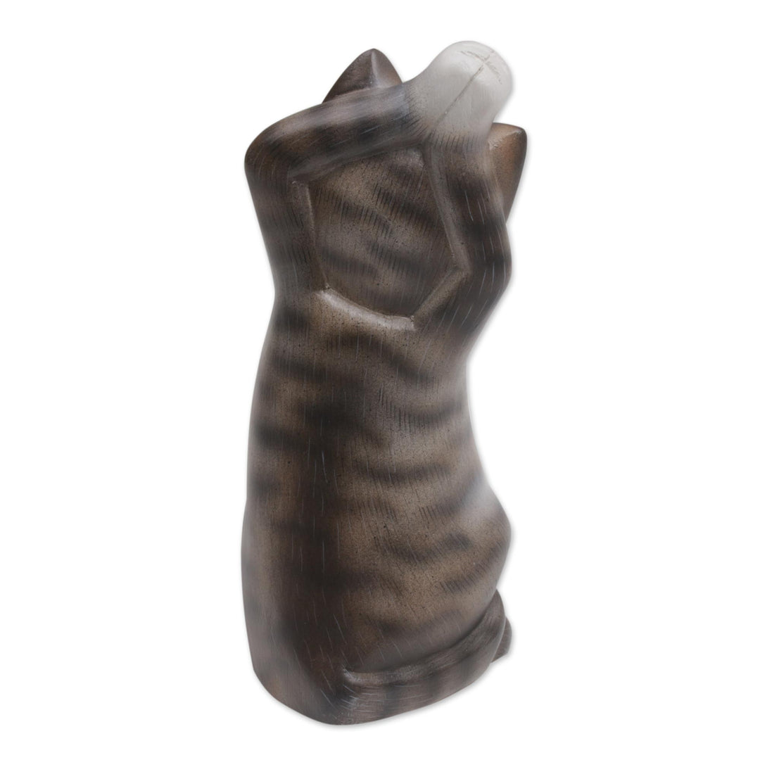 Whimsical Wood Cat Sculpture in Grey and White from Bali - Skyward Paws