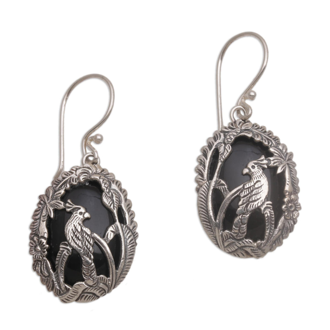 Onyx and Sterling Silver Cockatoo Dangle Earrings from Bali - Cockatoo Garden