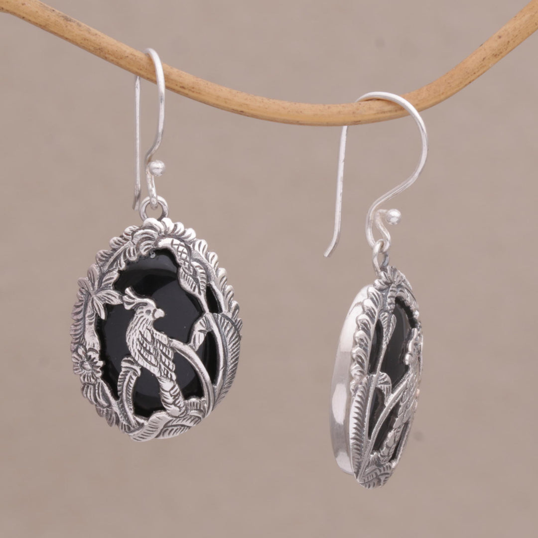 Onyx and Sterling Silver Cockatoo Dangle Earrings from Bali - Cockatoo Garden