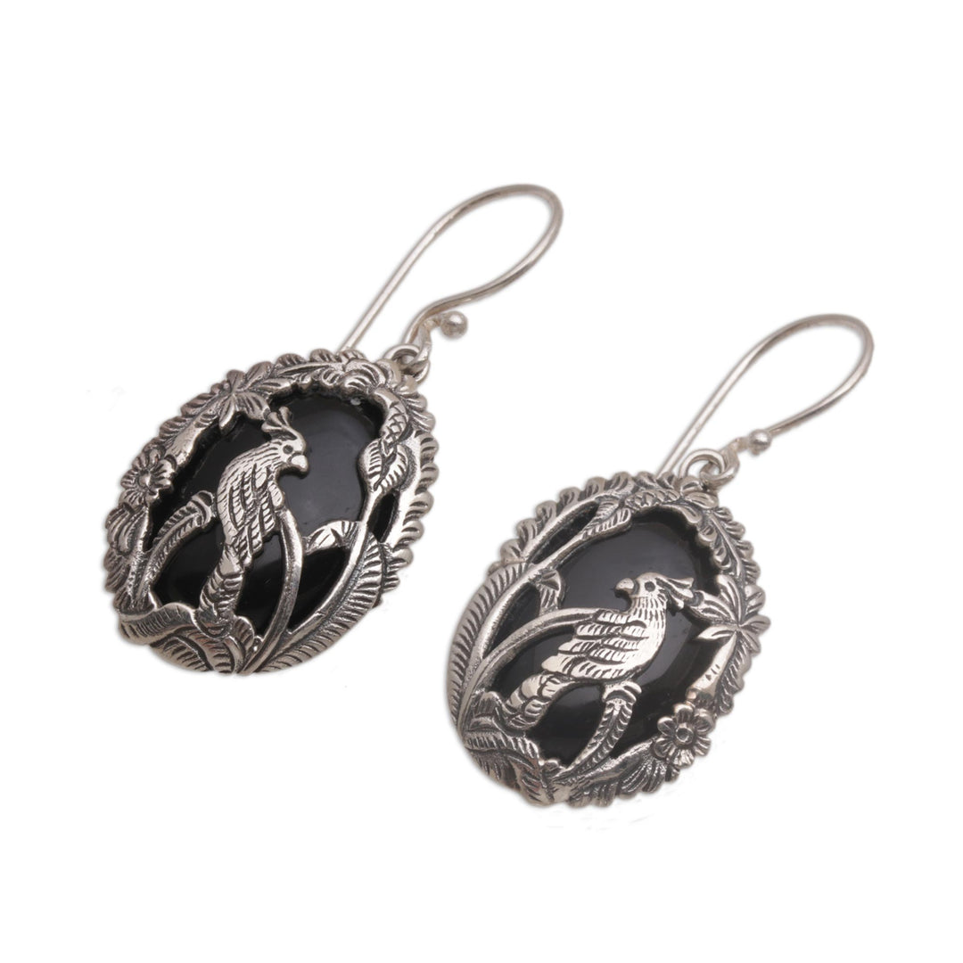 Onyx and Sterling Silver Cockatoo Dangle Earrings from Bali - Cockatoo Garden