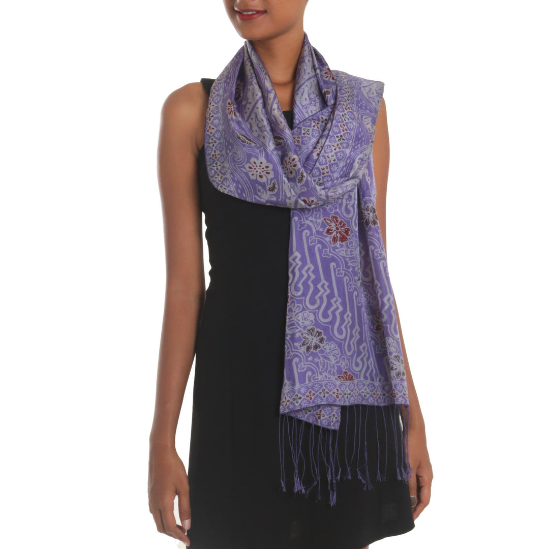 Artisan Crafted Batik Floral Silk Shawl in Iris from Bali - Forest Waves in Iris