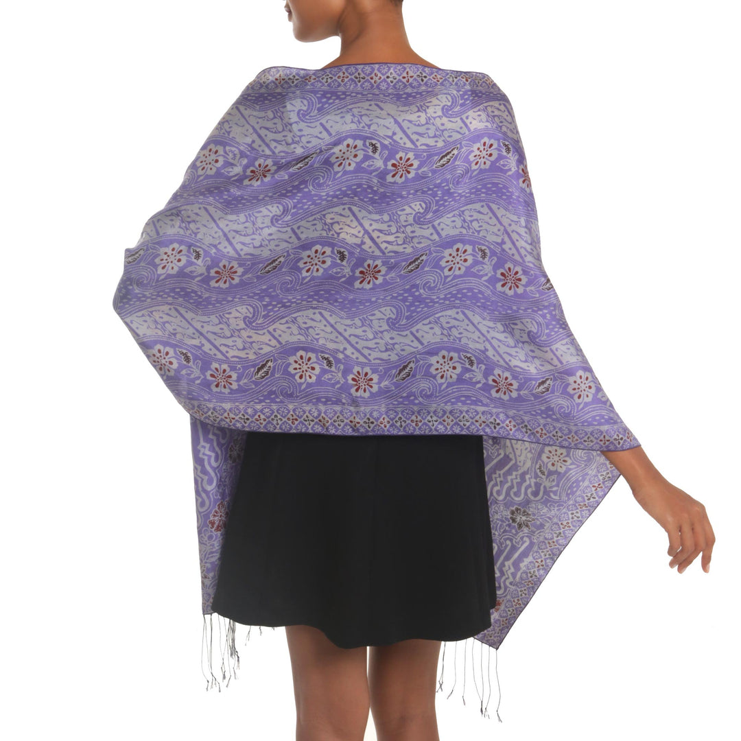 Artisan Crafted Batik Floral Silk Shawl in Iris from Bali - Forest Waves in Iris