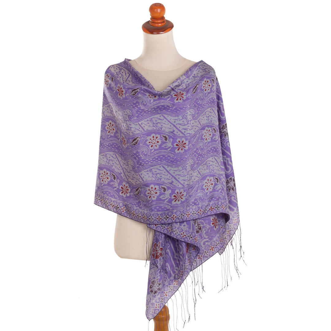 Artisan Crafted Batik Floral Silk Shawl in Iris from Bali - Forest Waves in Iris