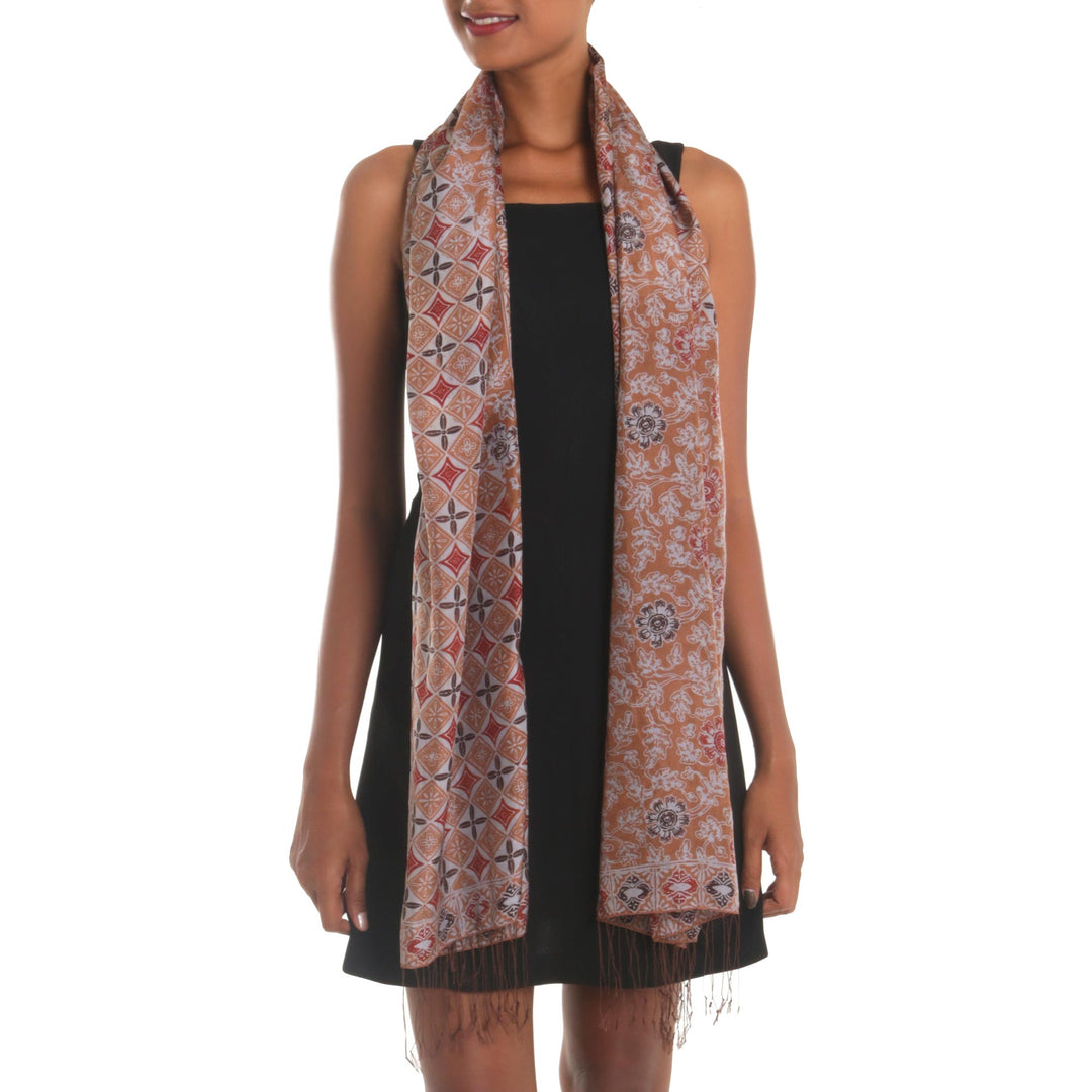 Batik Silk Shawl with Spice Floral Motifs from Bali - Truntum Forest in Spice