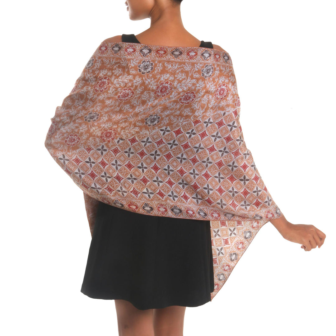 Batik Silk Shawl with Spice Floral Motifs from Bali - Truntum Forest in Spice