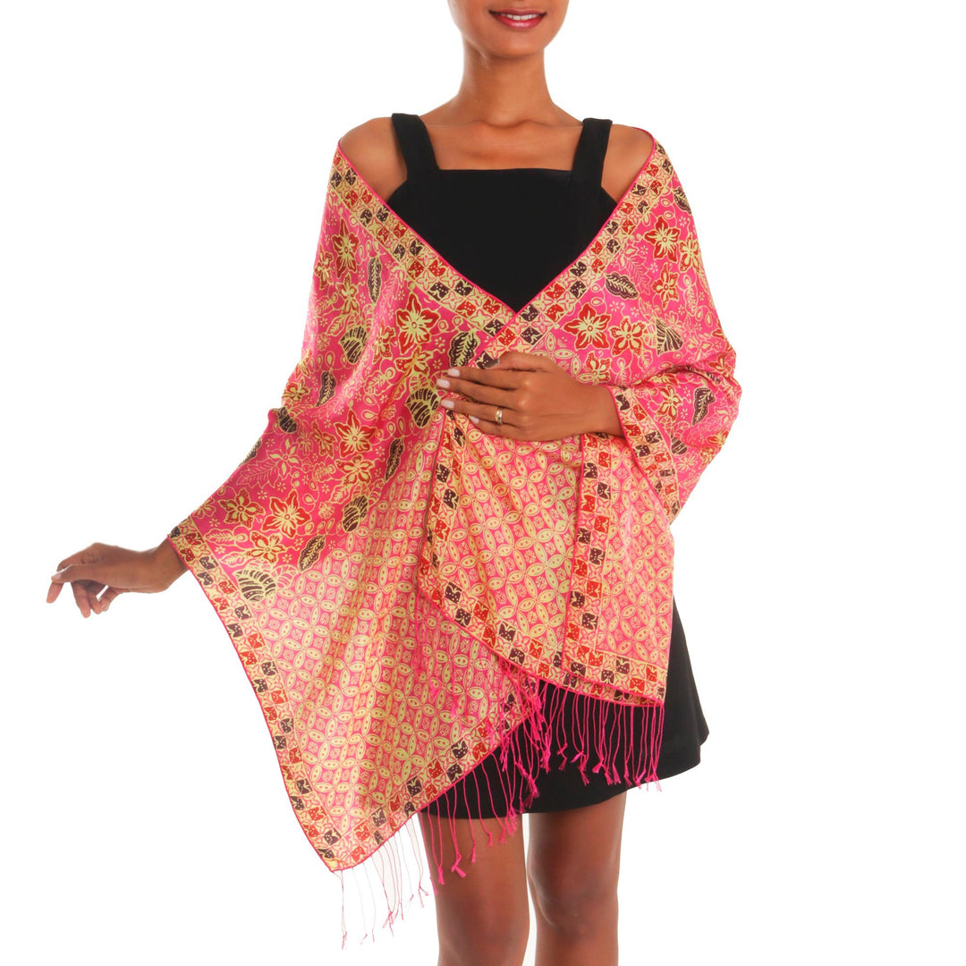 Batik Silk Shawl with Fuchsia Floral Motifs from Bali - Kawung Plains in Fuchsia