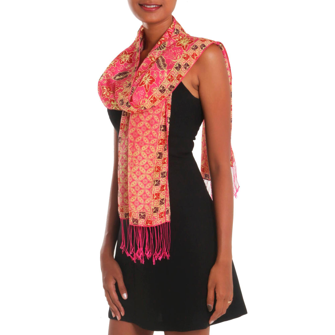 Batik Silk Shawl with Fuchsia Floral Motifs from Bali - Kawung Plains in Fuchsia