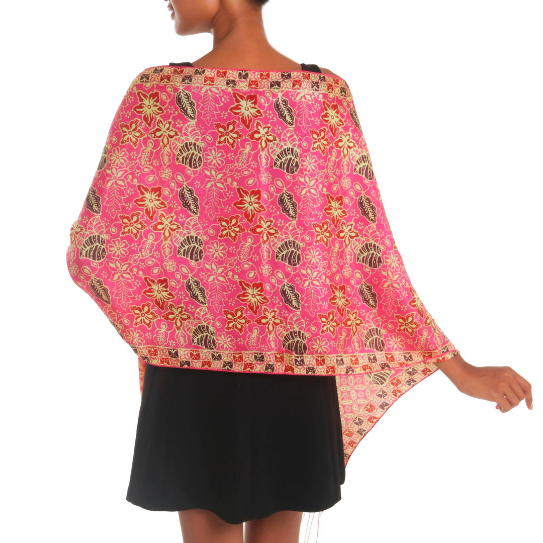 Batik Silk Shawl with Fuchsia Floral Motifs from Bali - Kawung Plains in Fuchsia