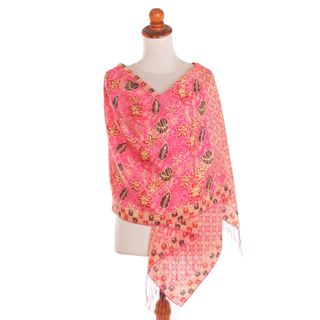 Batik Silk Shawl with Fuchsia Floral Motifs from Bali - Kawung Plains in Fuchsia