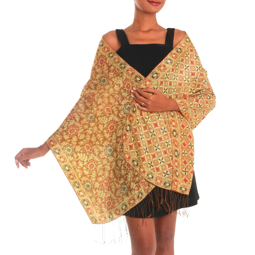 Batik Silk Shawl with Ginger Floral Motifs from Bali - Truntum Forest in Ginger