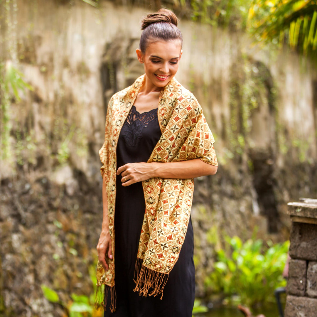 Batik Silk Shawl with Ginger Floral Motifs from Bali - Truntum Forest in Ginger