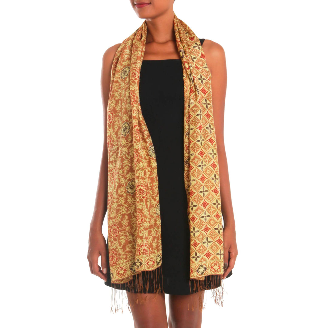 Batik Silk Shawl with Ginger Floral Motifs from Bali - Truntum Forest in Ginger