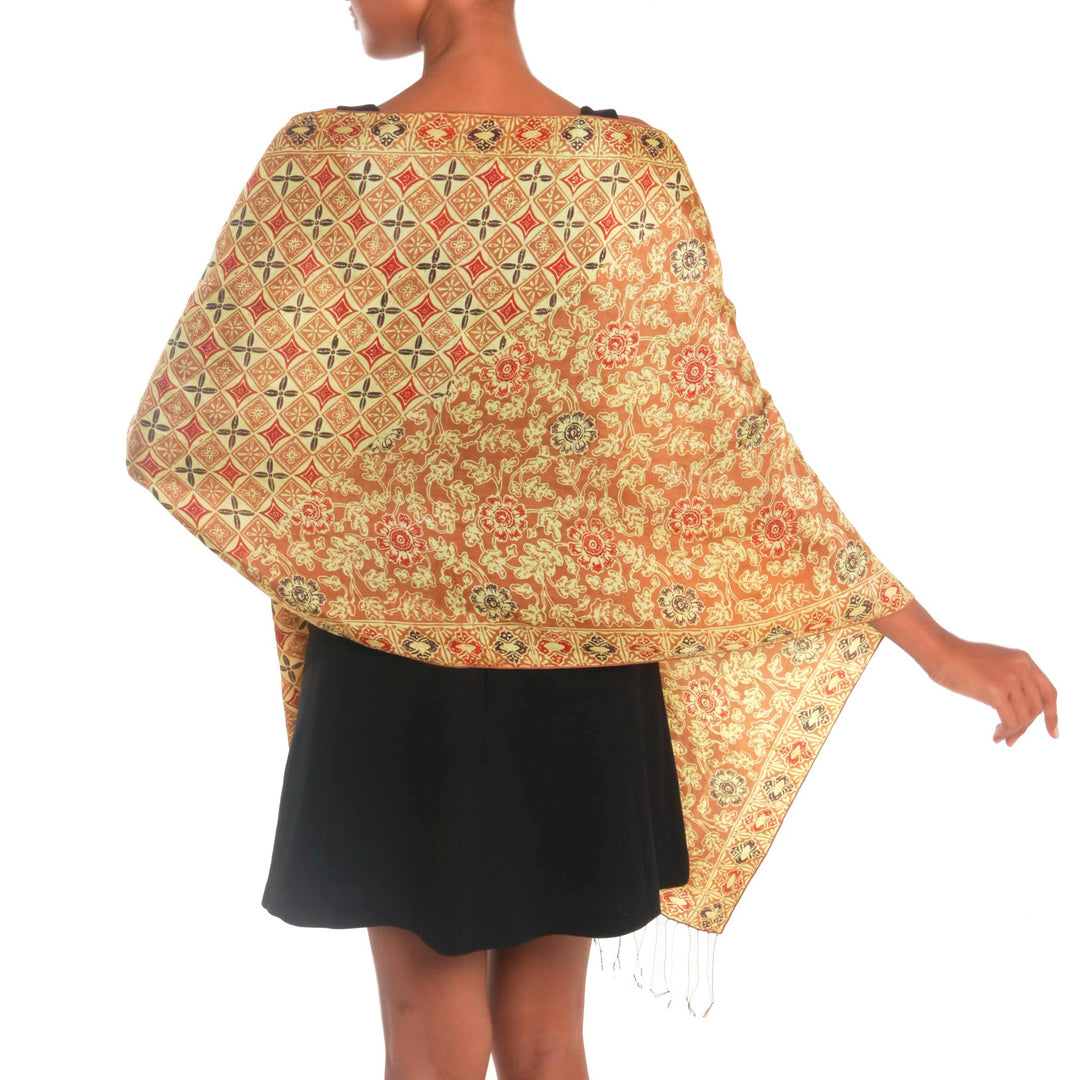 Batik Silk Shawl with Ginger Floral Motifs from Bali - Truntum Forest in Ginger