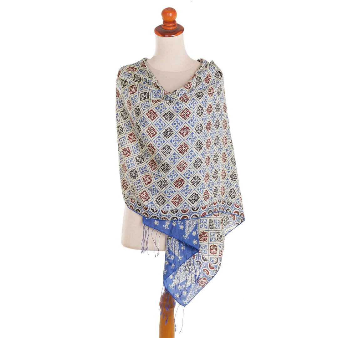 Batik Silk Shawl with Multicolored Floral Motifs from Bali - Ceplok Petals in Indigo