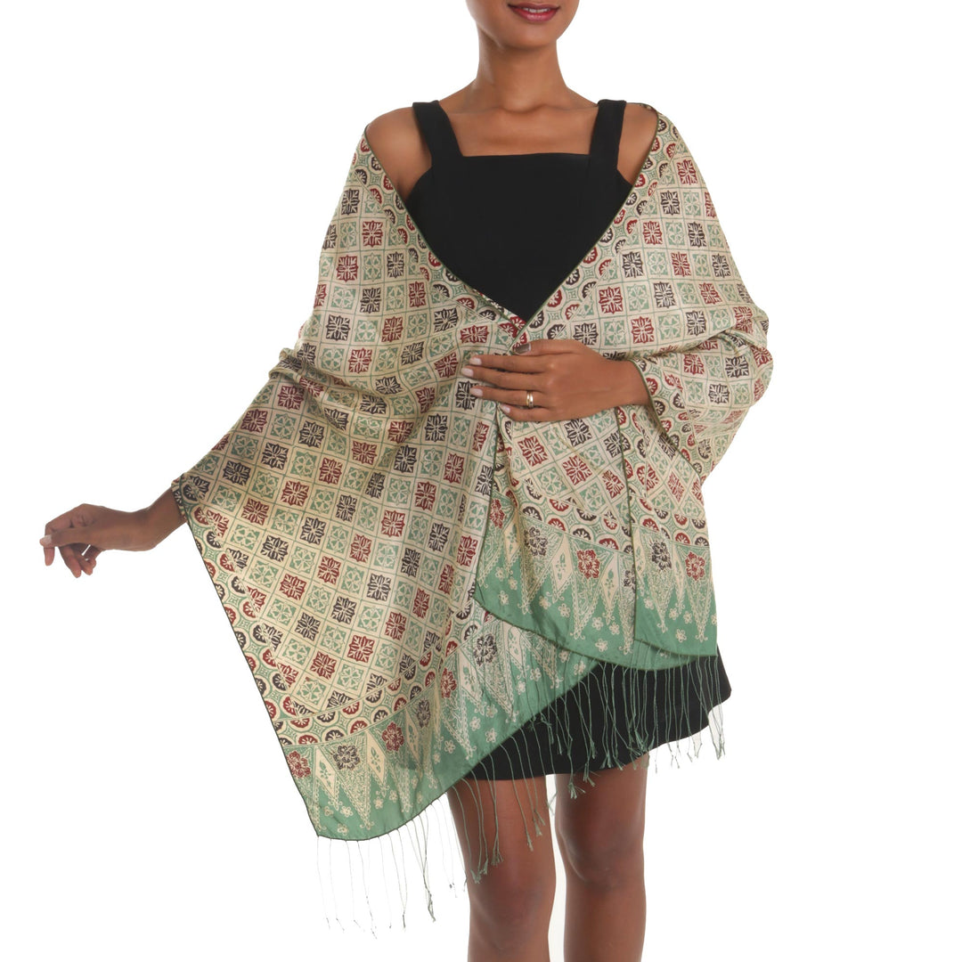 Batik Silk Shawl with Multicolored Floral Motifs from Bali - Ceplok Petals in Moss Green