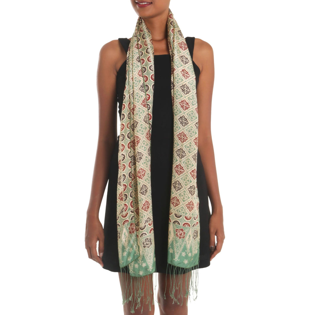 Batik Silk Shawl with Multicolored Floral Motifs from Bali - Ceplok Petals in Moss Green