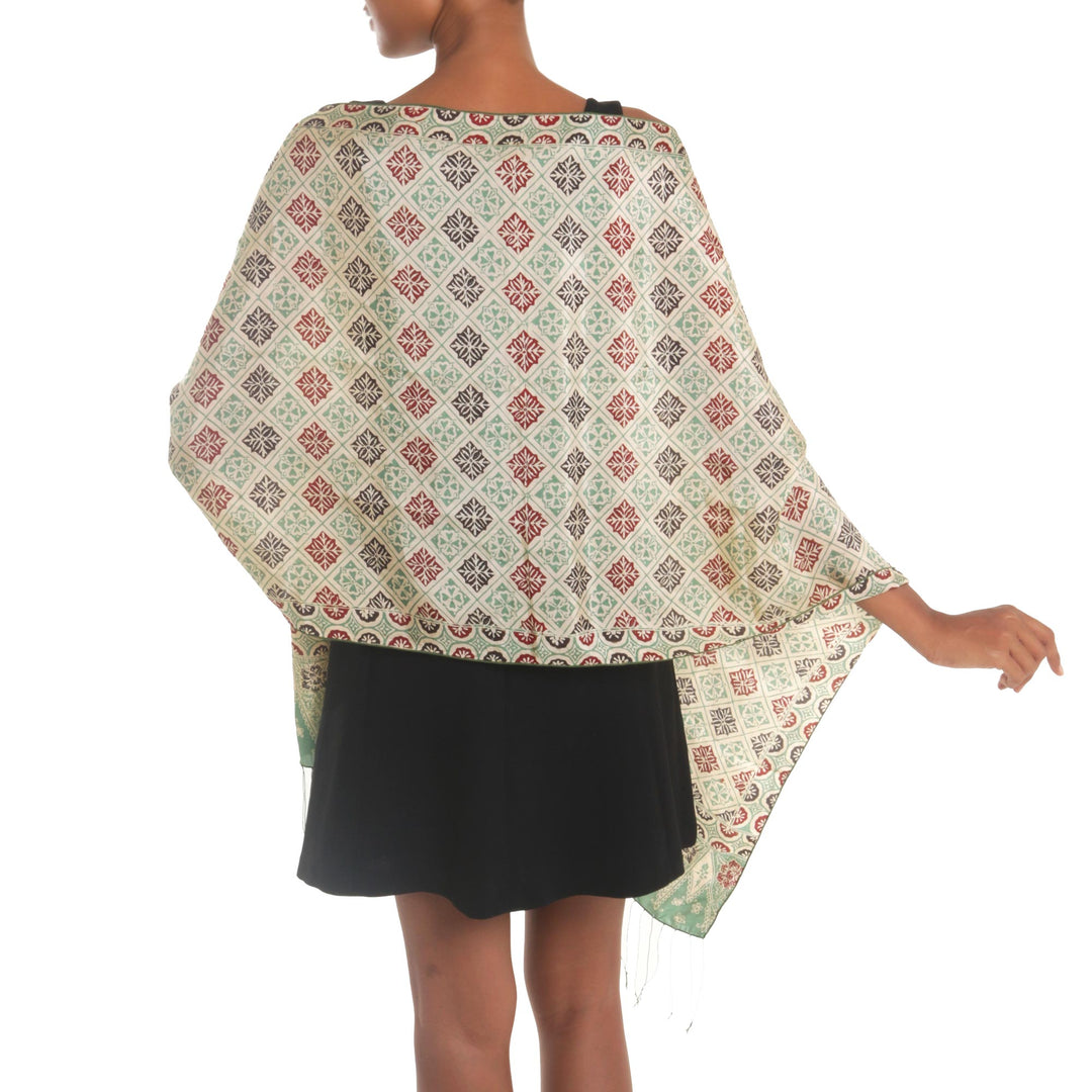 Batik Silk Shawl with Multicolored Floral Motifs from Bali - Ceplok Petals in Moss Green