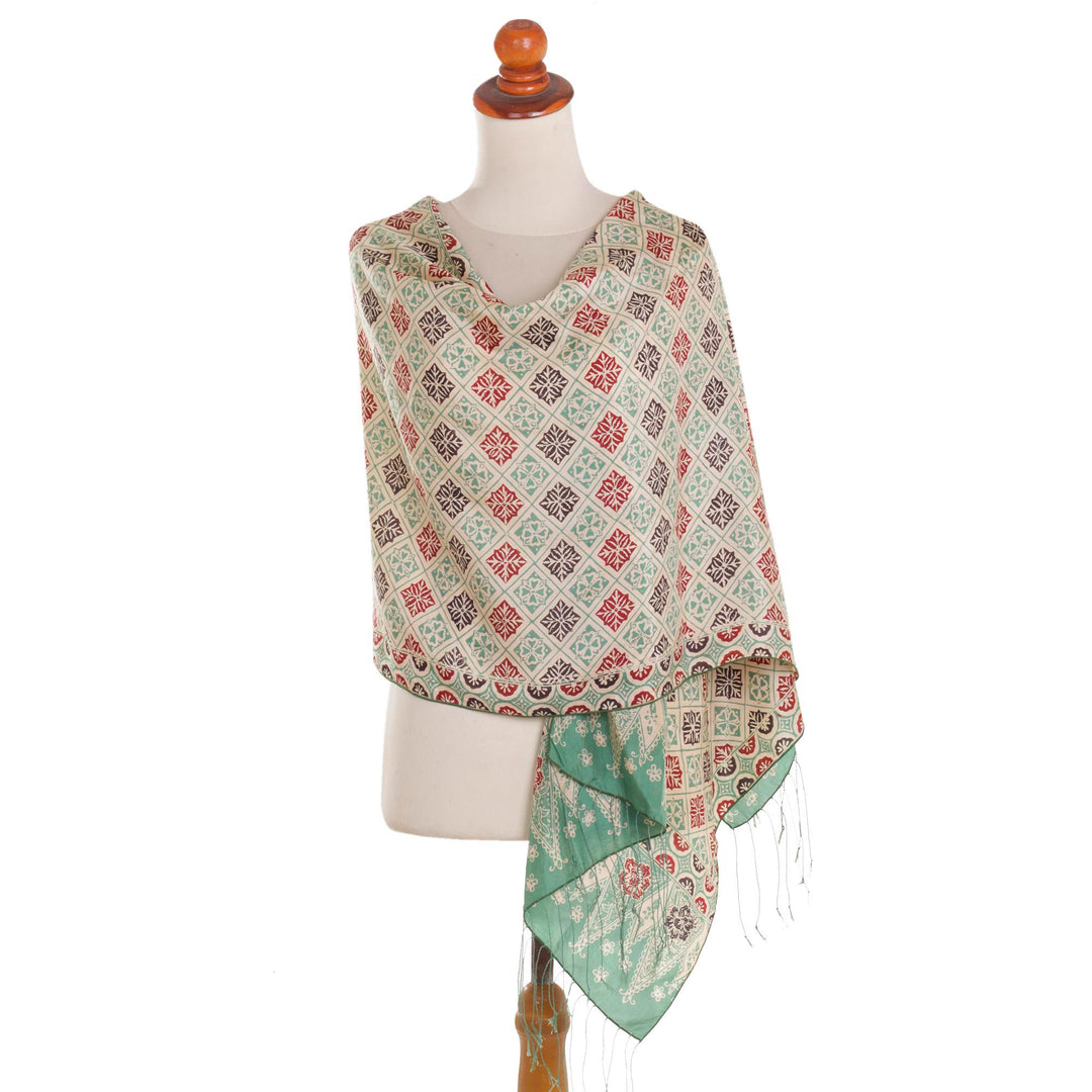 Batik Silk Shawl with Multicolored Floral Motifs from Bali - Ceplok Petals in Moss Green