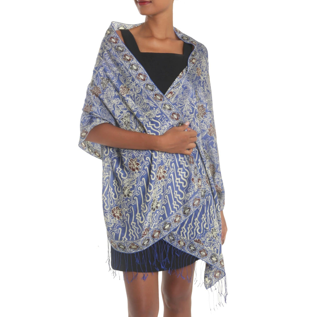 Batik Silk Shawl with Indigo Floral Motifs from Bali - Alluring Lily in Indigo