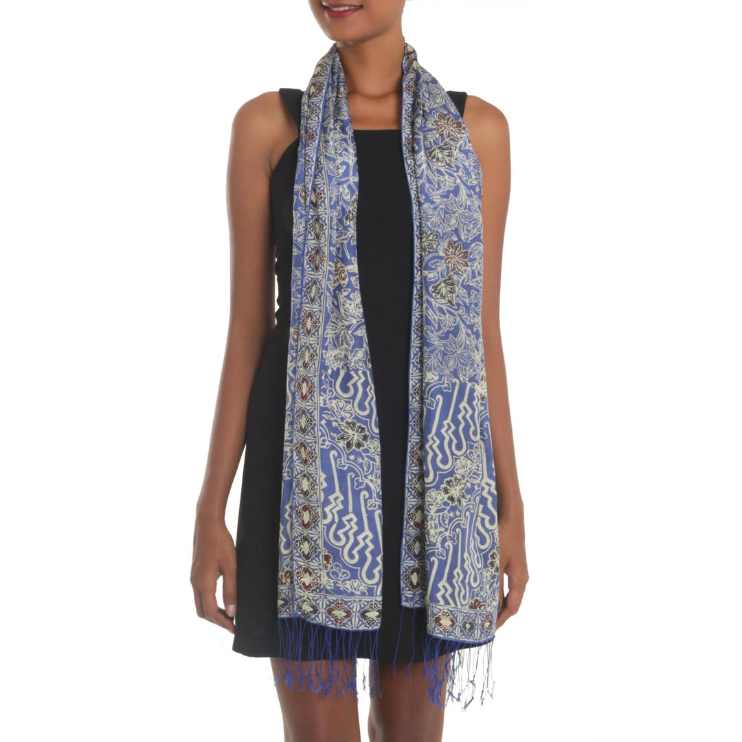 Batik Silk Shawl with Indigo Floral Motifs from Bali - Alluring Lily in Indigo