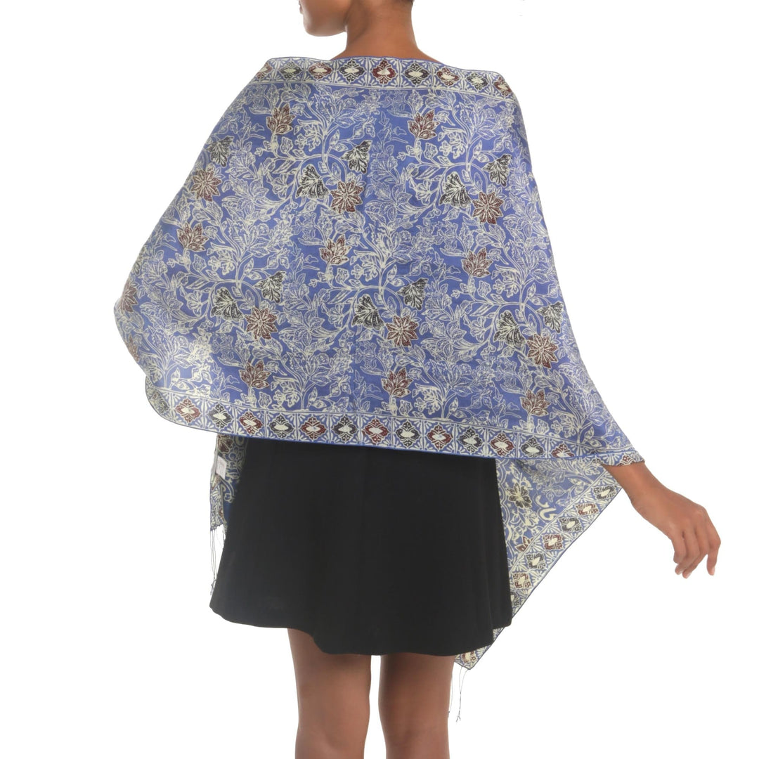 Batik Silk Shawl with Indigo Floral Motifs from Bali - Alluring Lily in Indigo