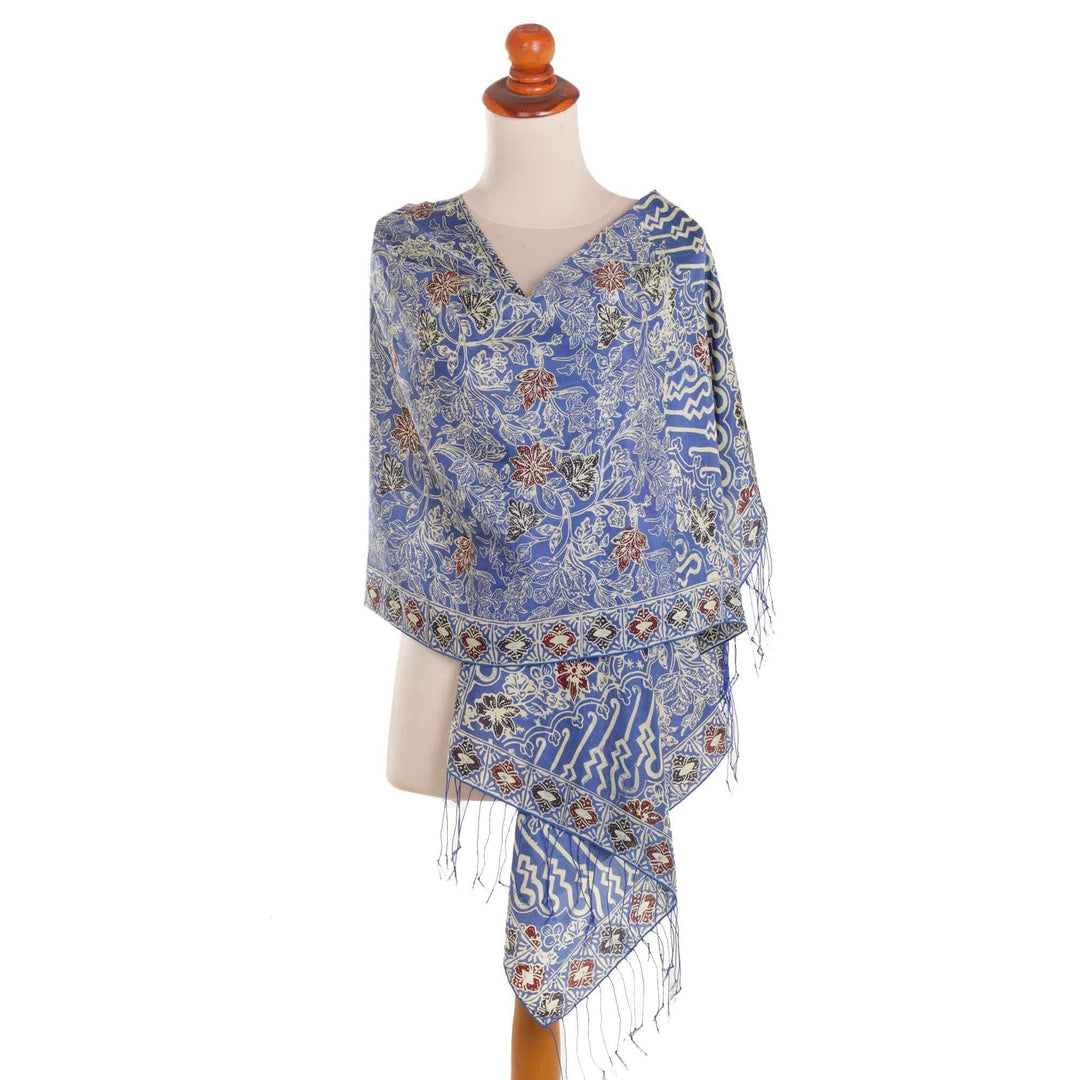 Batik Silk Shawl with Indigo Floral Motifs from Bali - Alluring Lily in Indigo
