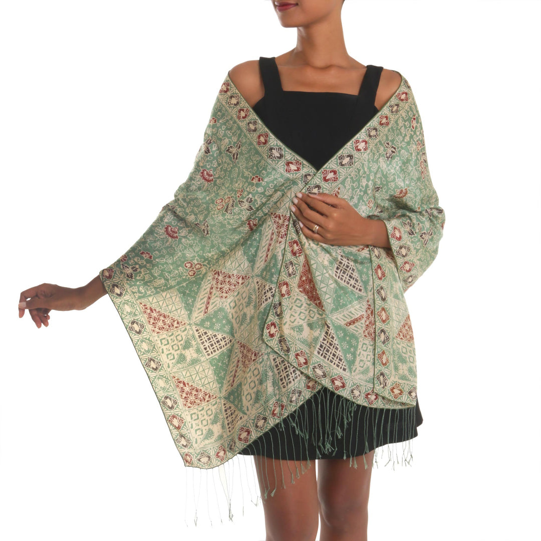 Batik Silk Shawl with Moss Green Floral Motifs from Bali - Orchid Temple in Moss Green