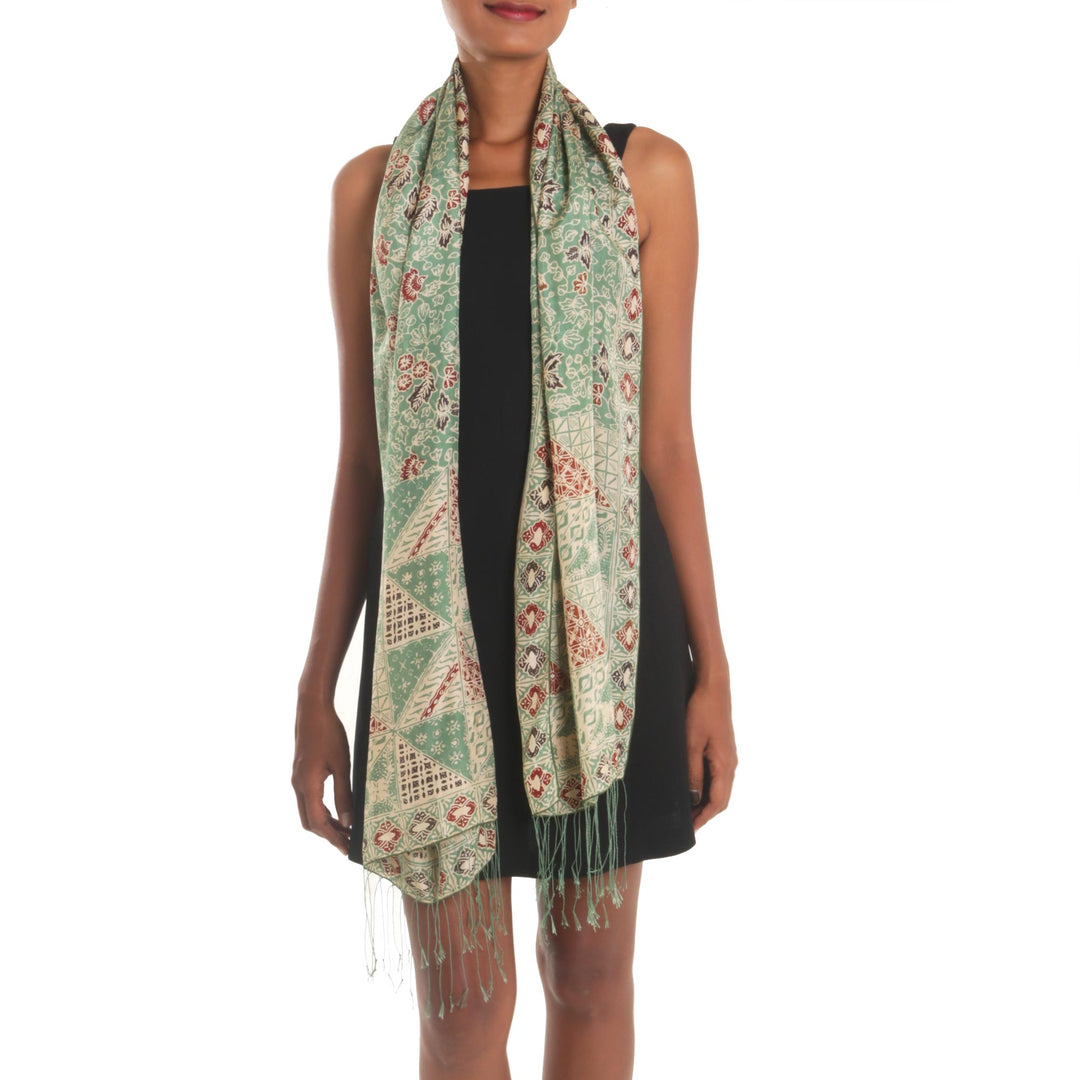 Batik Silk Shawl with Moss Green Floral Motifs from Bali - Orchid Temple in Moss Green