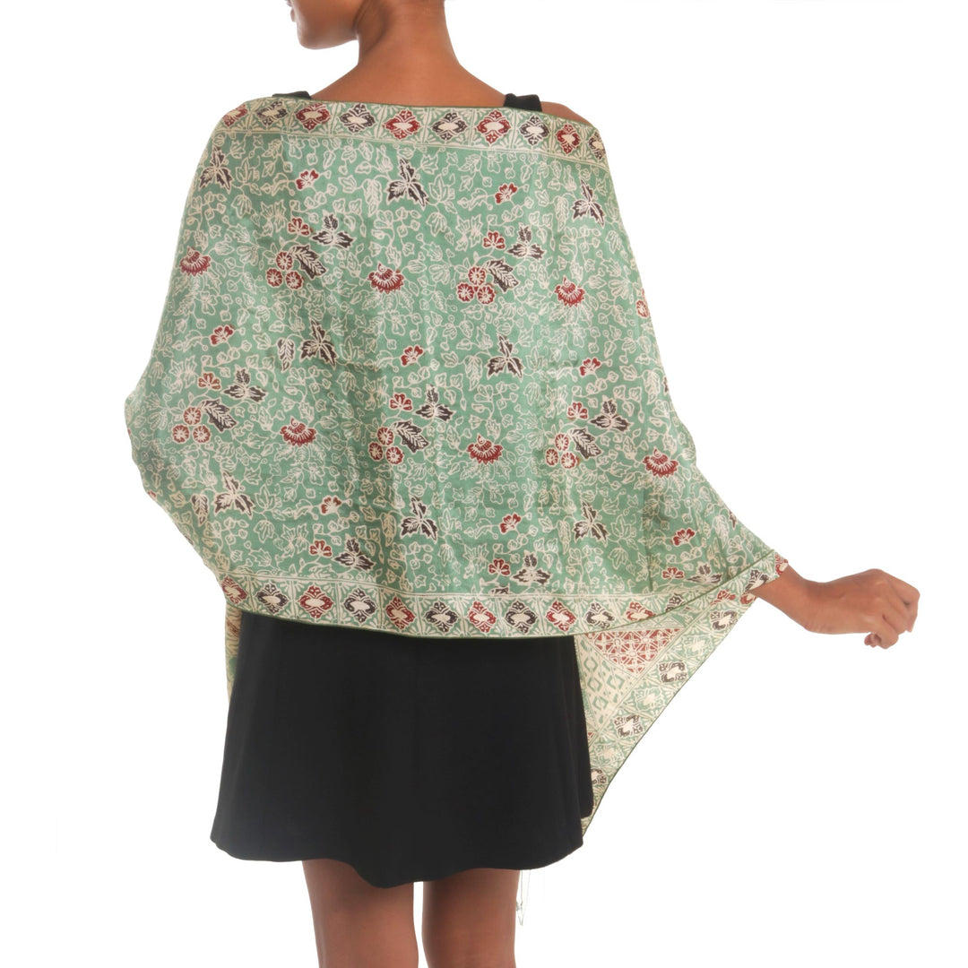 Batik Silk Shawl with Moss Green Floral Motifs from Bali - Orchid Temple in Moss Green