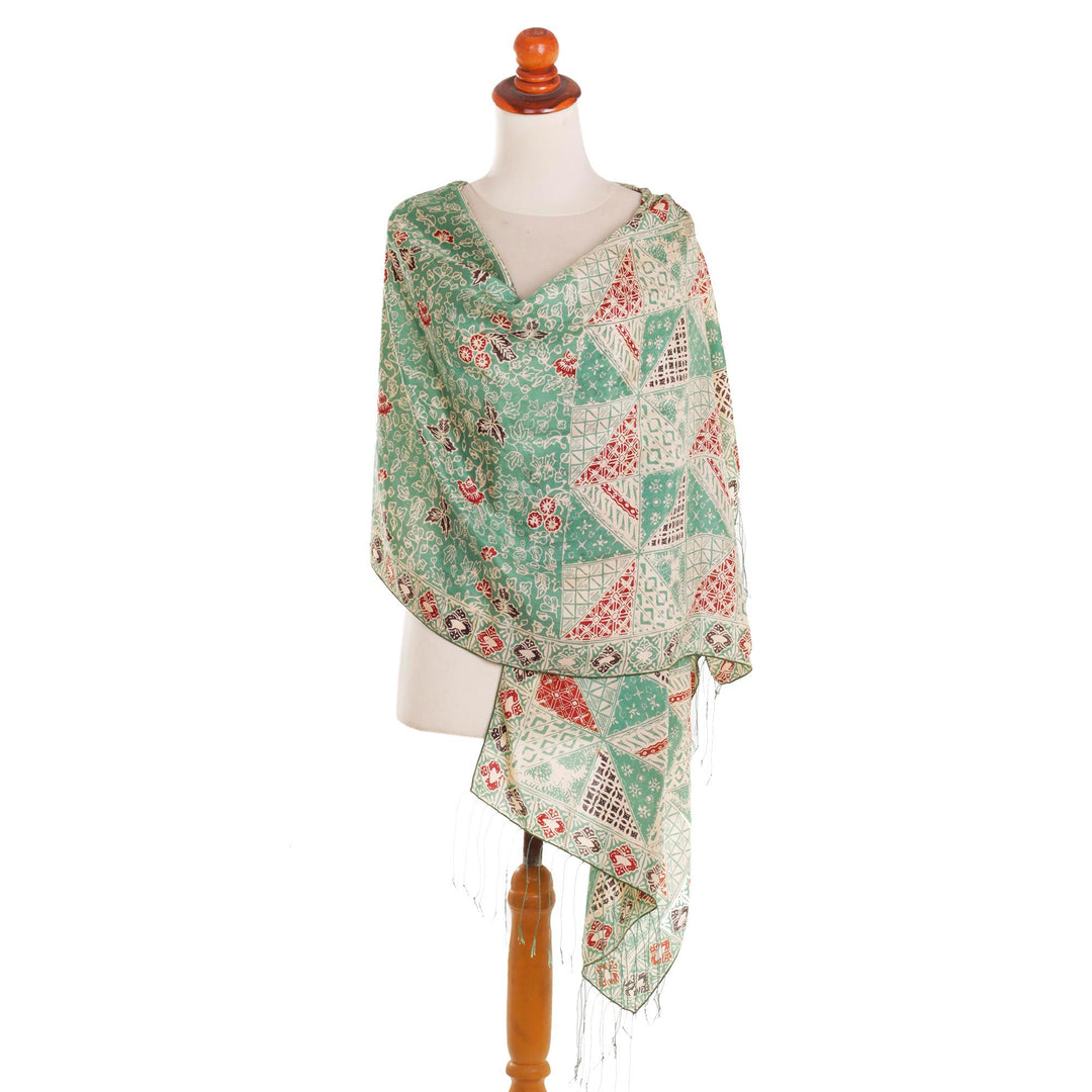 Batik Silk Shawl with Moss Green Floral Motifs from Bali - Orchid Temple in Moss Green
