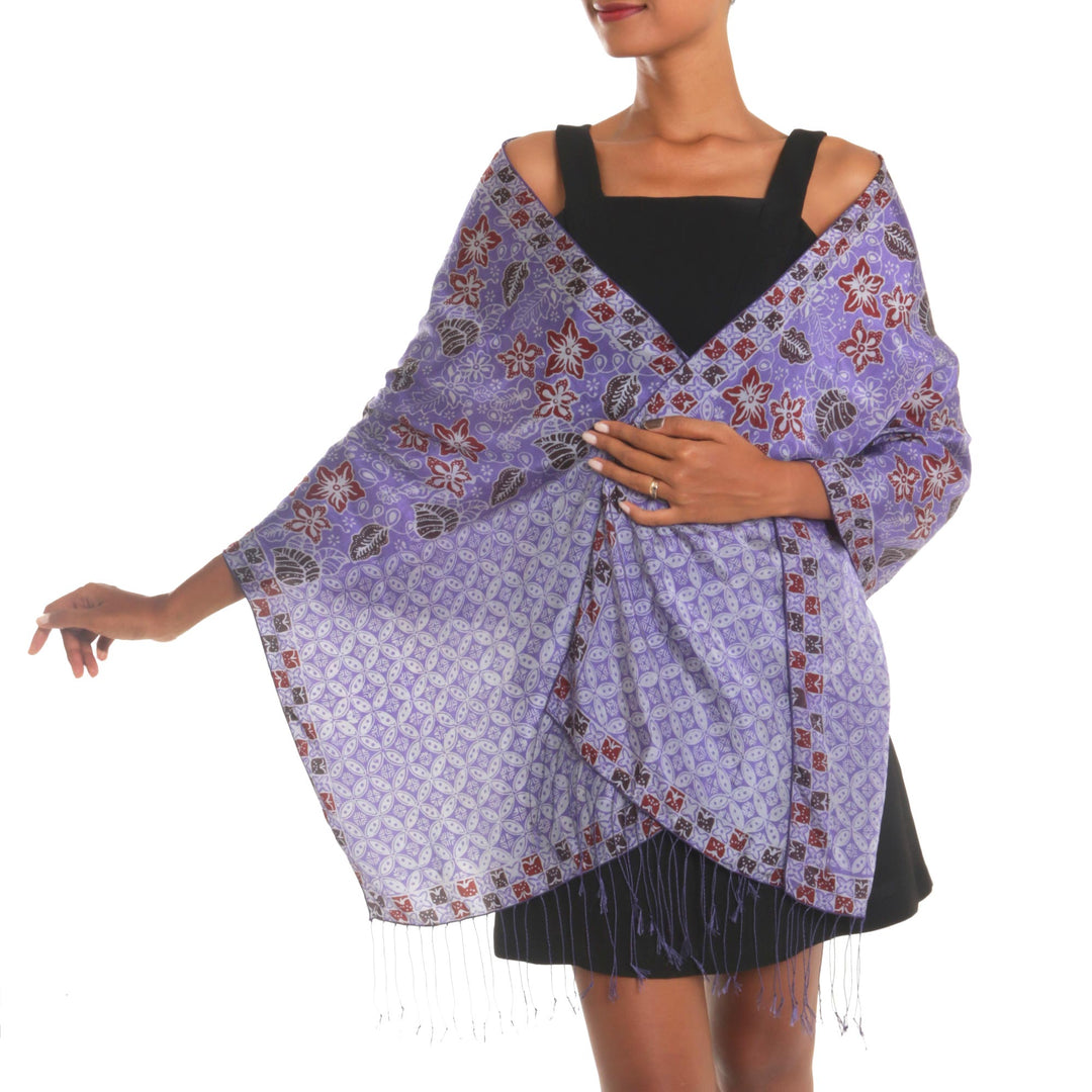 Hand Dyed Kawung Batik Silk Shawl With Floral Pattern - Kawung Plains in Iris