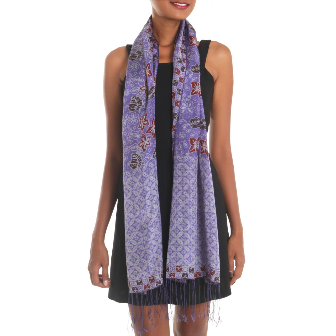 Hand Dyed Kawung Batik Silk Shawl With Floral Pattern - Kawung Plains in Iris