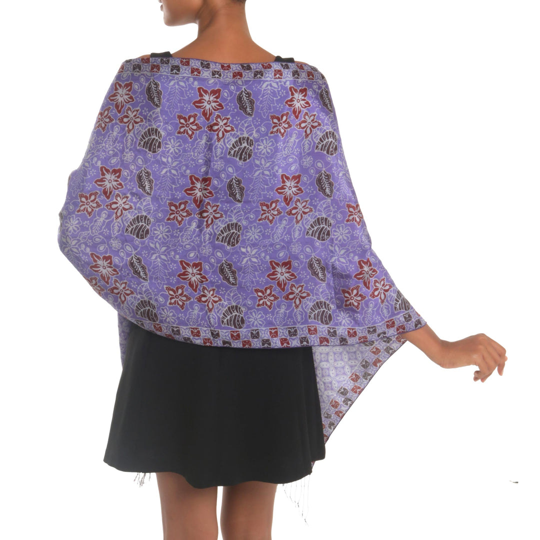 Hand Dyed Kawung Batik Silk Shawl With Floral Pattern - Kawung Plains in Iris